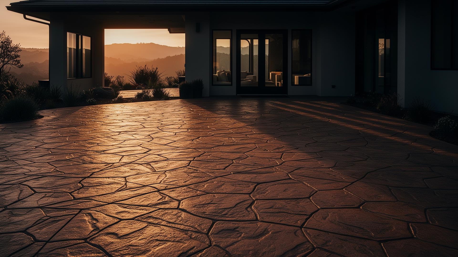 Stamped concrete driveway at sunset